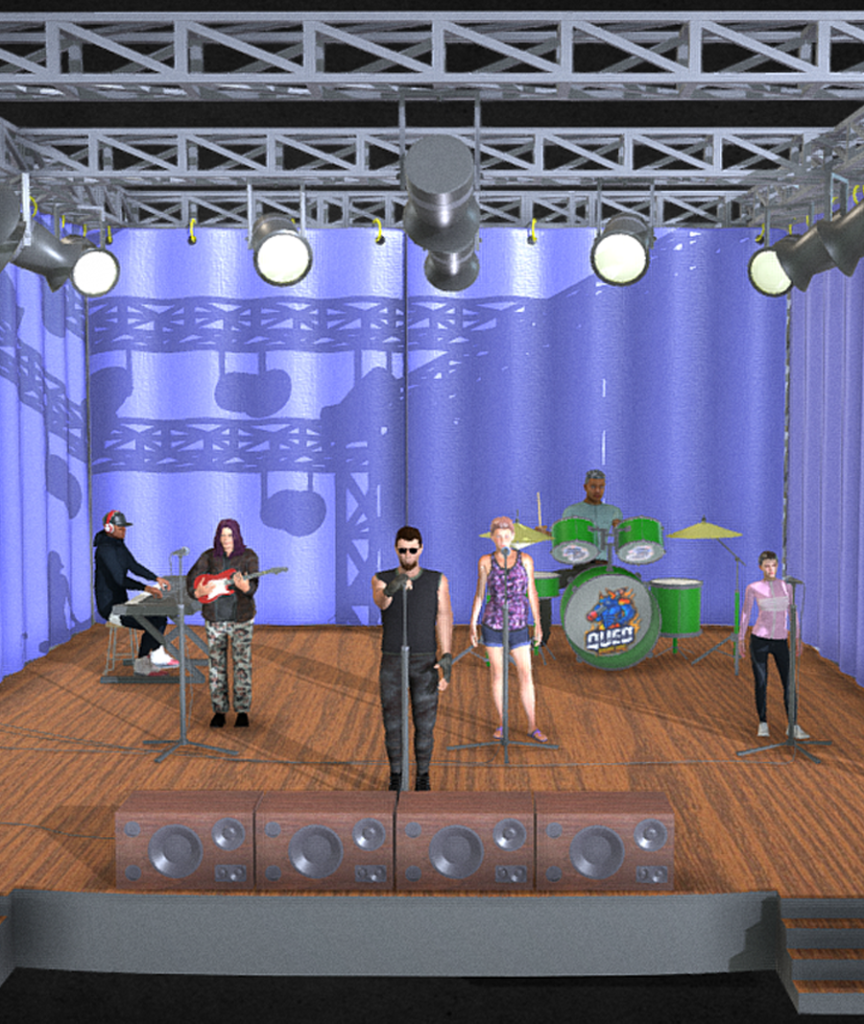 A stage with 3D characters